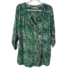 Soft Surroundings Green Batik Leaf Print Roll Tab Sleeve Tunic Top Womens Small